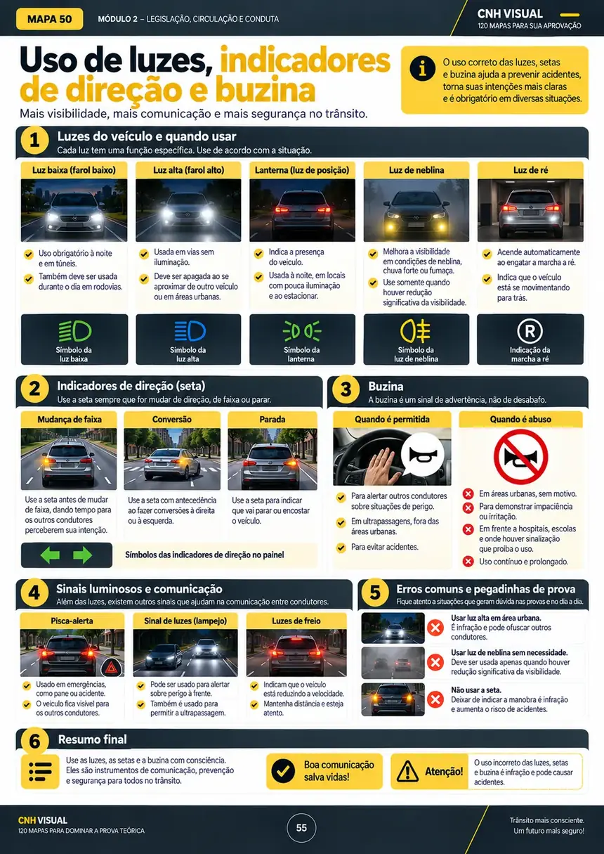 Mapa visual sobre uso de luzes, indicadores de direção e buzina