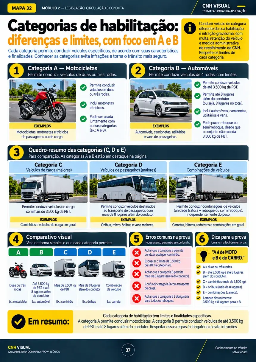 Mapa visual sobre categorias de habilitação, diferenças e limites com foco em A e B