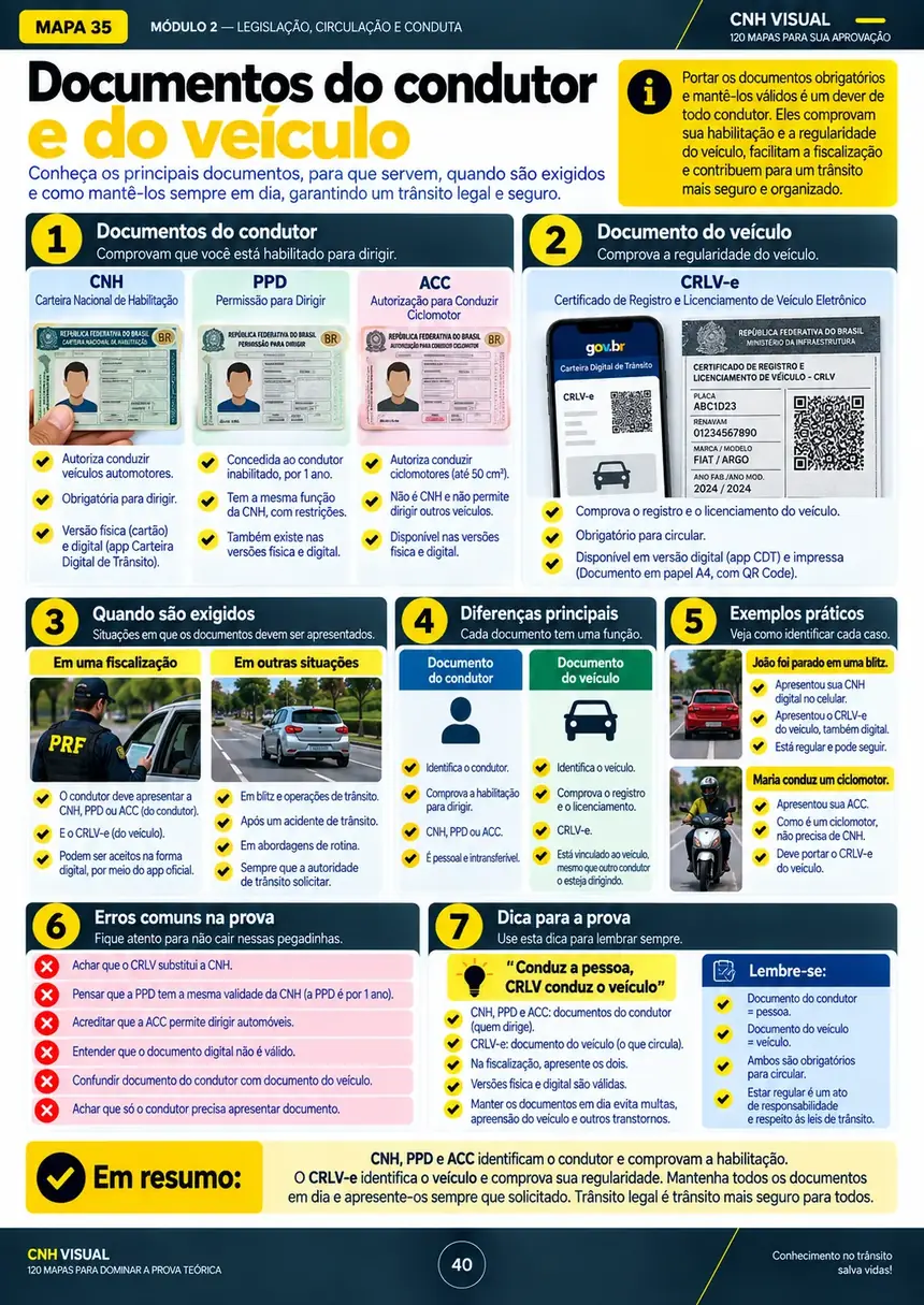 Mapa visual sobre documentos do condutor e do veículo exigidos no trânsito