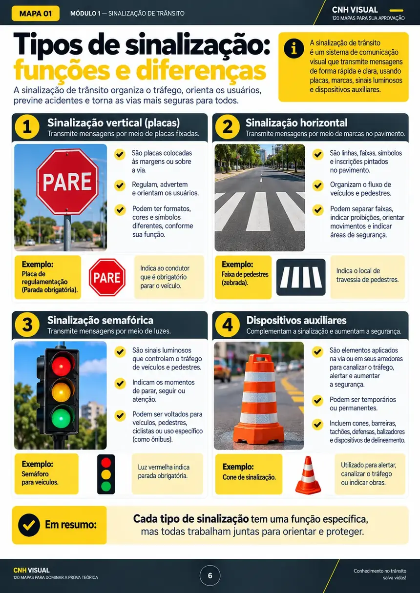 Mapa visual sobre tipos, funções e diferenças da sinalização de trânsito